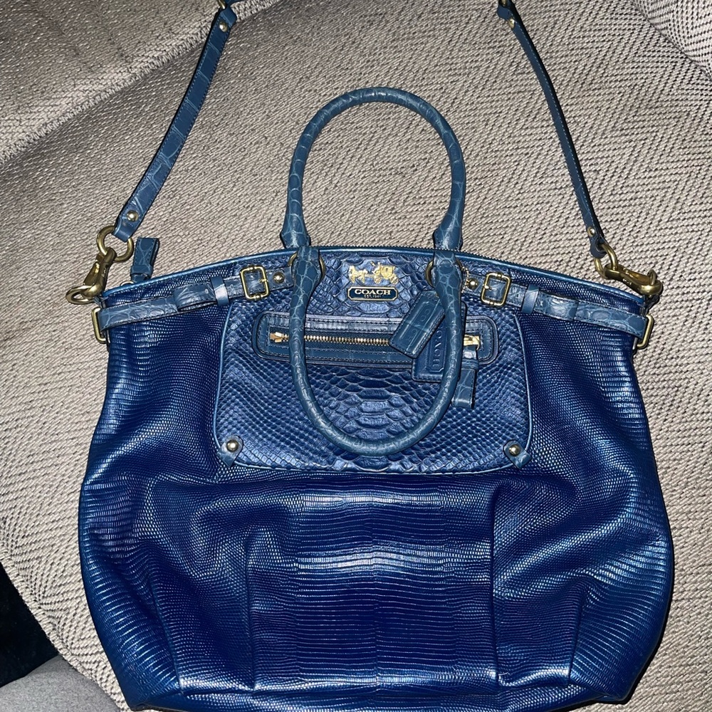 Coach Blue Shoulder Bag with Glossy Leather and Gold Accents